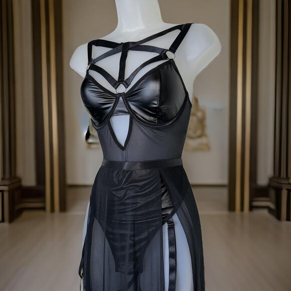 New Large Strappy Goth Vegan Leather Dress Outfit Bodysuit Mesh Skirt Set Sexy - Picture 4 of 9